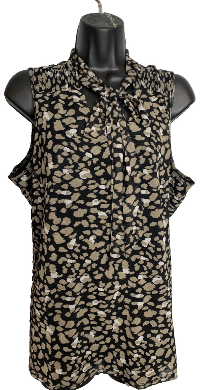 A Love Story Women's 1x Tie Neck Sleeveless Blouse Tan, Black, White